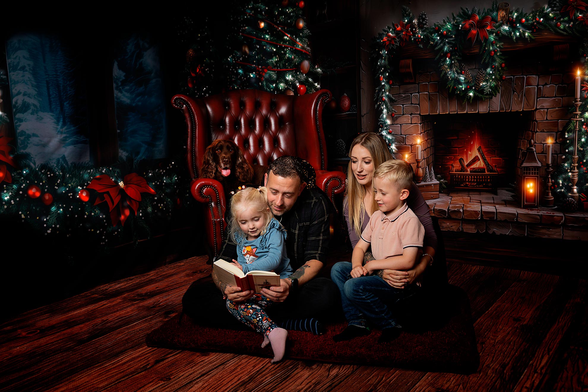 a festive Christmas fireplace backdrop
